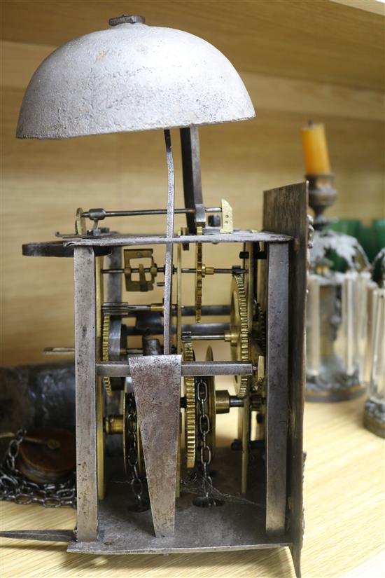 A 17th century style brass dial shelf clock, with single hand height 28cm